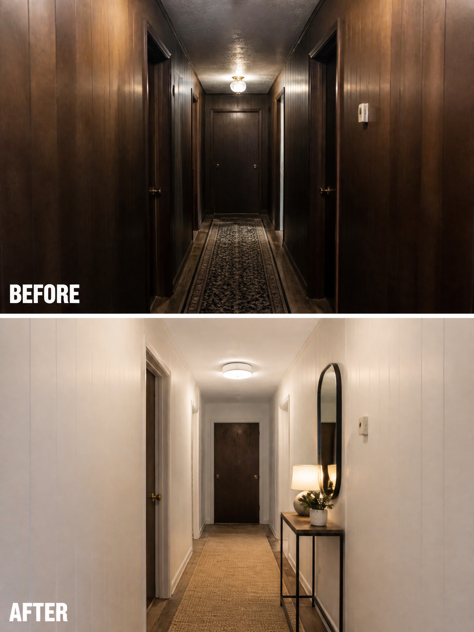 Before-and-after image of a dark wood-paneled hallway changed to a bright space with white walls and updated lighting.