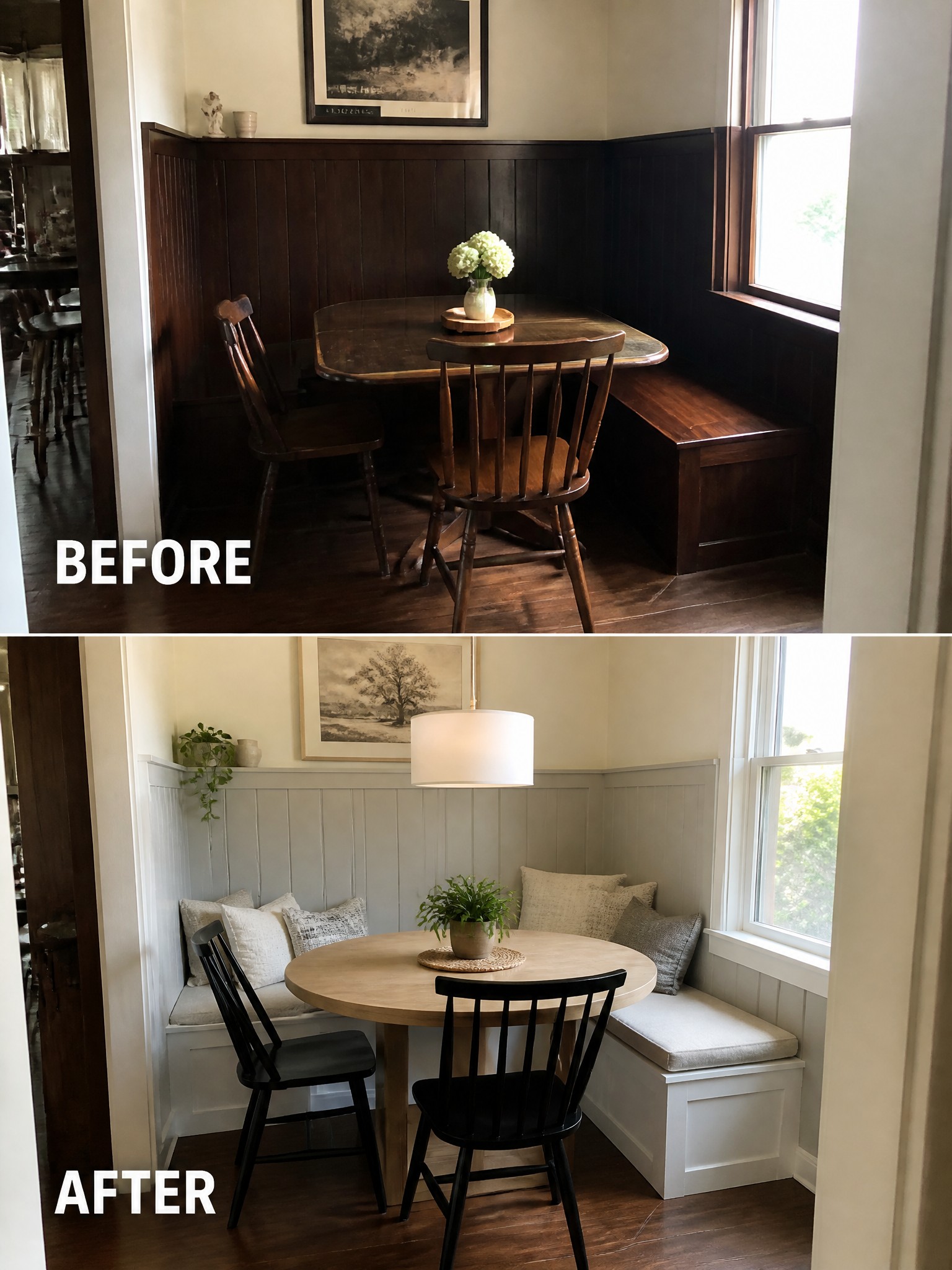 Before-and-after image of a dark wood dining nook updated with light paint on the paneling, a new table, and added cushions.