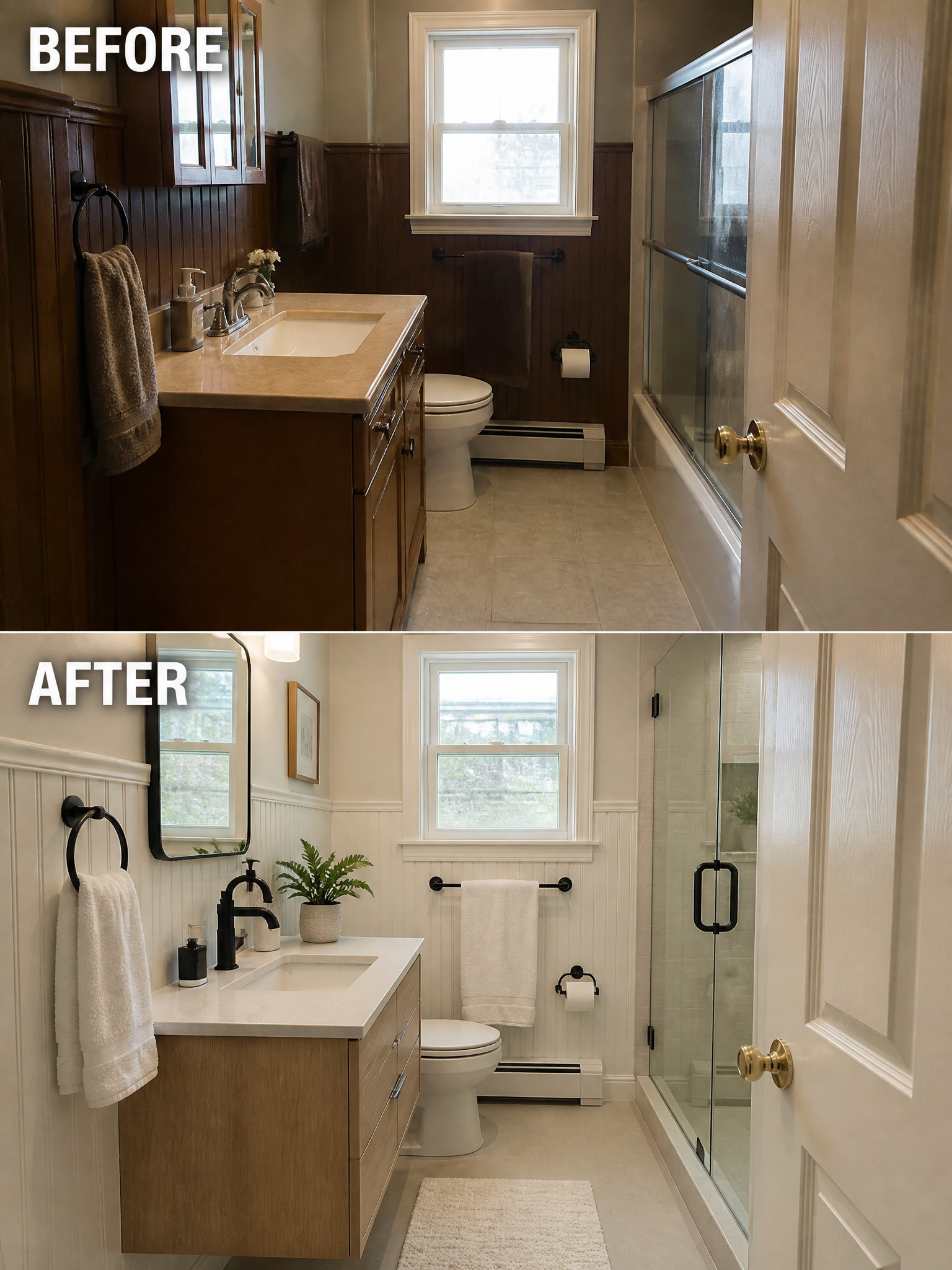 Before-and-after image of a bathroom showing dark wood paneling and vanity changed to white walls with light wood cabinetry.