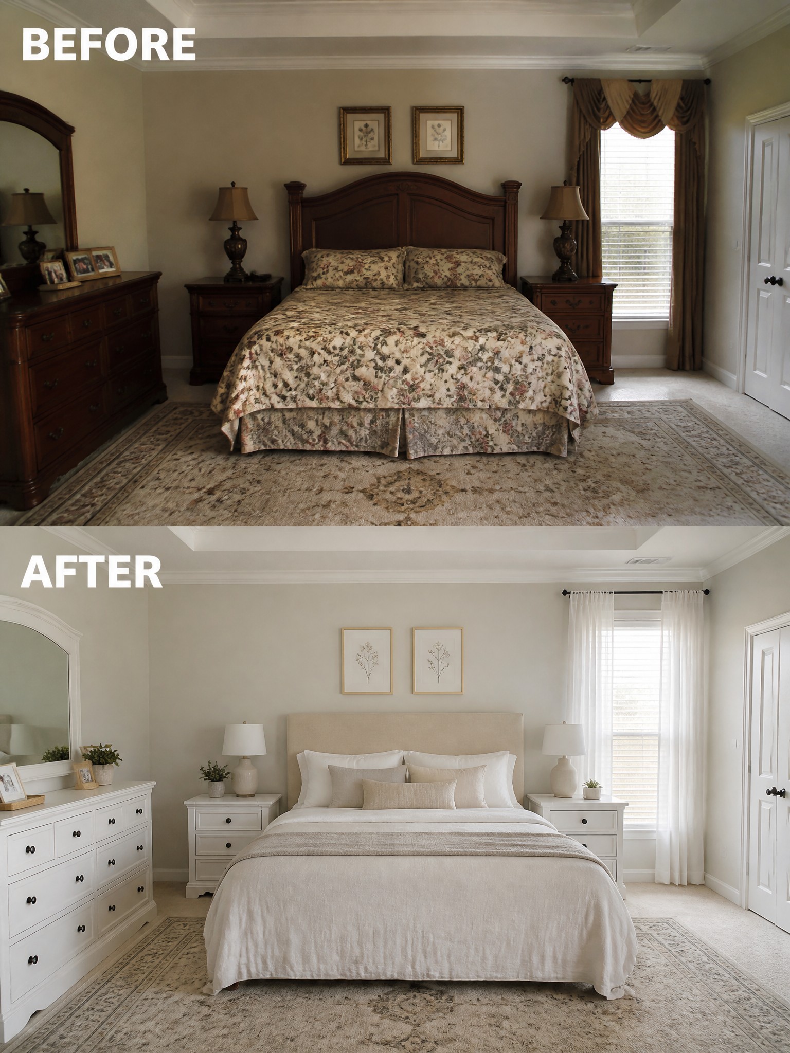 Before and after bedroom transformation showcasing floral bedding swapped for neutral tones and furniture.