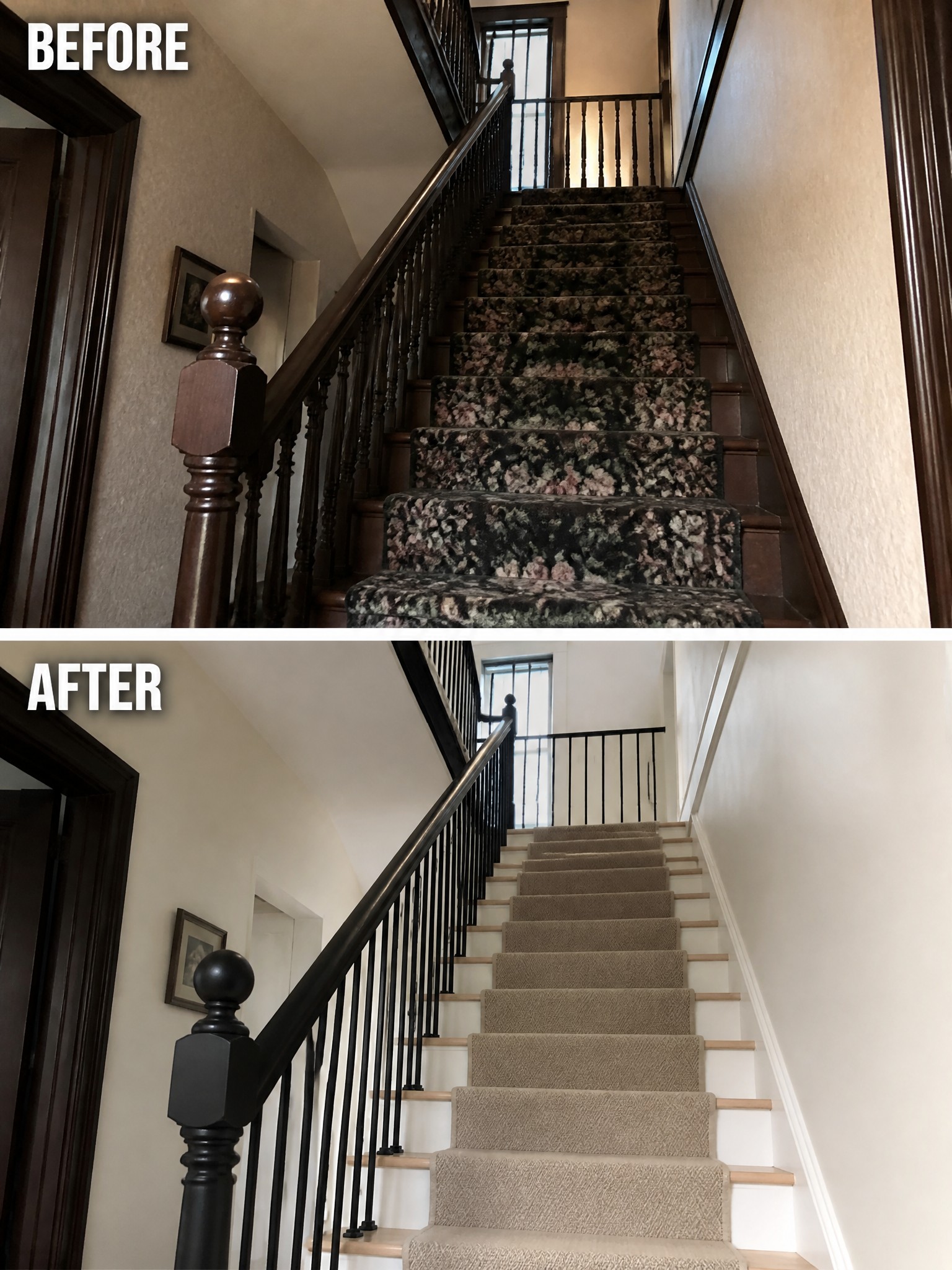 Staircase transformation with floral carpet replaced by beige carpet and black railings.