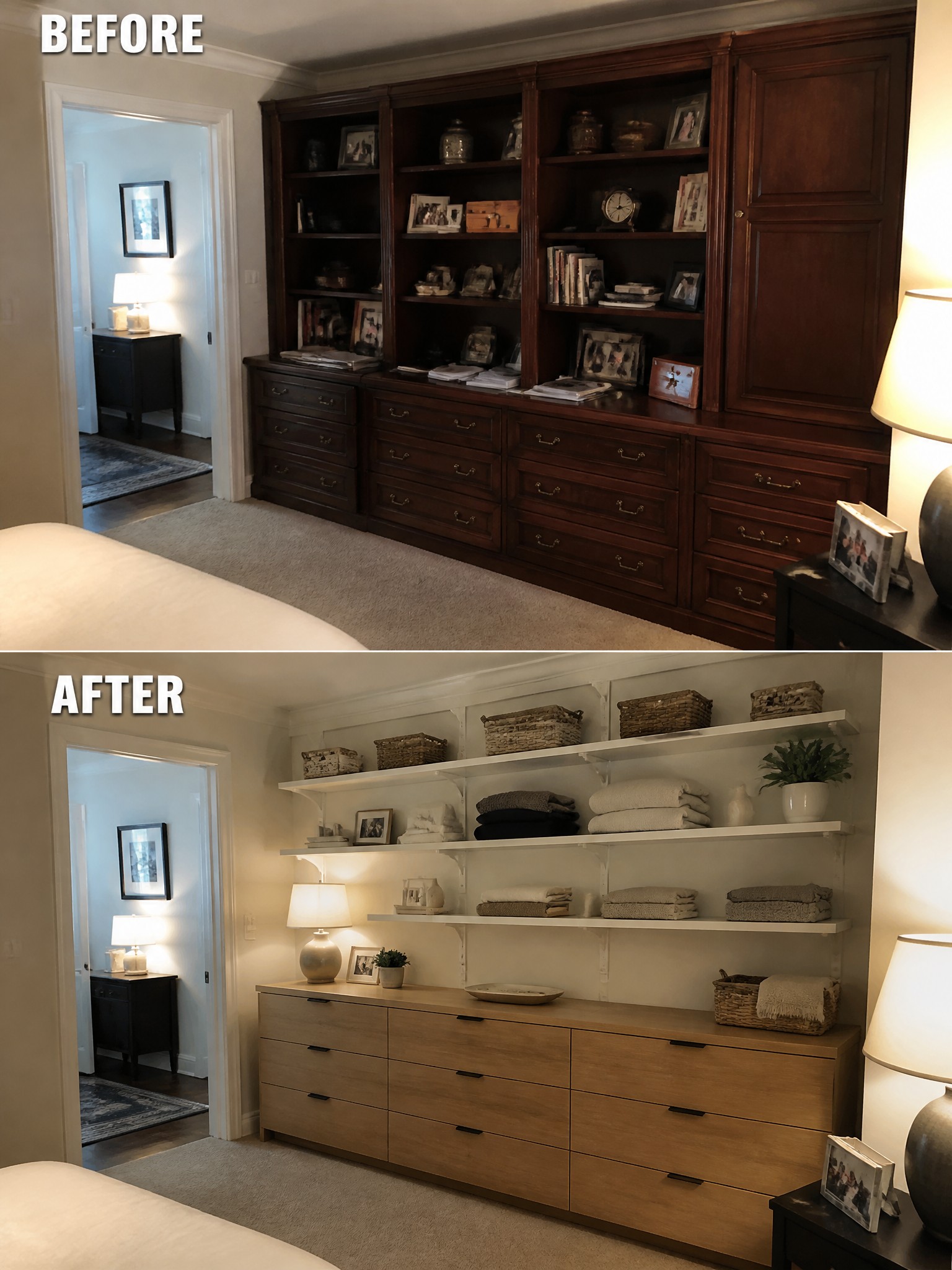 Before-and-after image of a bedroom showing dark wood built-in cabinetry replaced with light wood drawers and white open shelving.