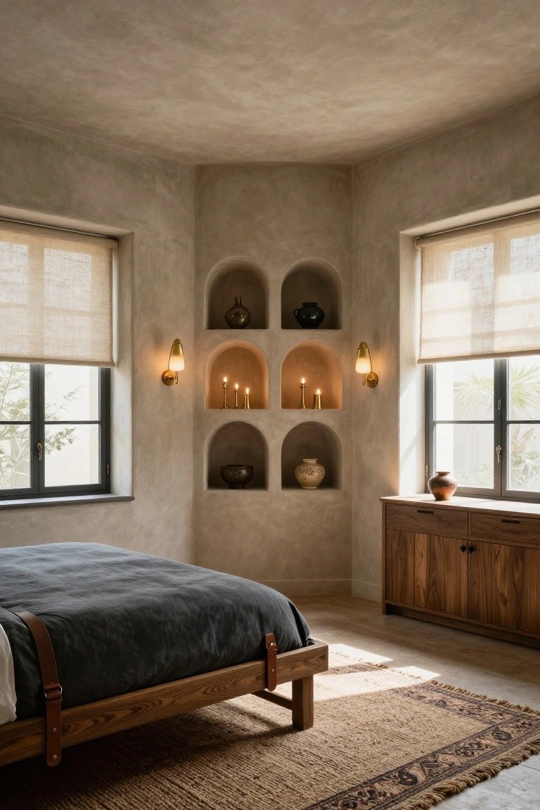 Bedroom corner with three arched niches in beige plaster walls displaying black and terracotta pottery, brass candlesticks with lit candles, flanked by wall sconces, next to a low wooden bed frame with leather straps on gray bedding, wooden low dresser, and two windows with beige linen roller shades.