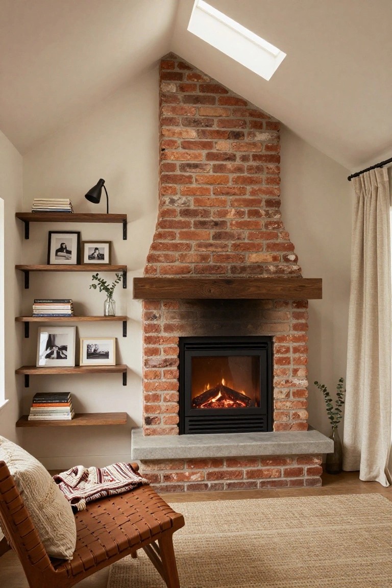 Bedroom interior with tall exposed red brick fireplace chimney, wooden floating shelves on both sides holding books photos and plants, wooden mantel, leather armchair with cushions and throw, seagrass rug, neutral walls, and skylight in sloped ceiling.