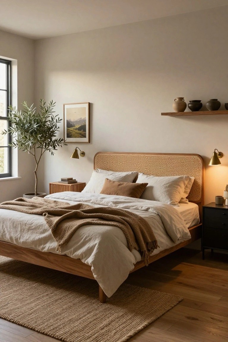 Bedroom with a wooden platform bed featuring a beige rattan cane headboard, neutral linens and pillows, wooden slatted nightstand, black dresser, potted olive tree, floating shelf with pottery, brass wall sconces, and jute rug on wood floors.