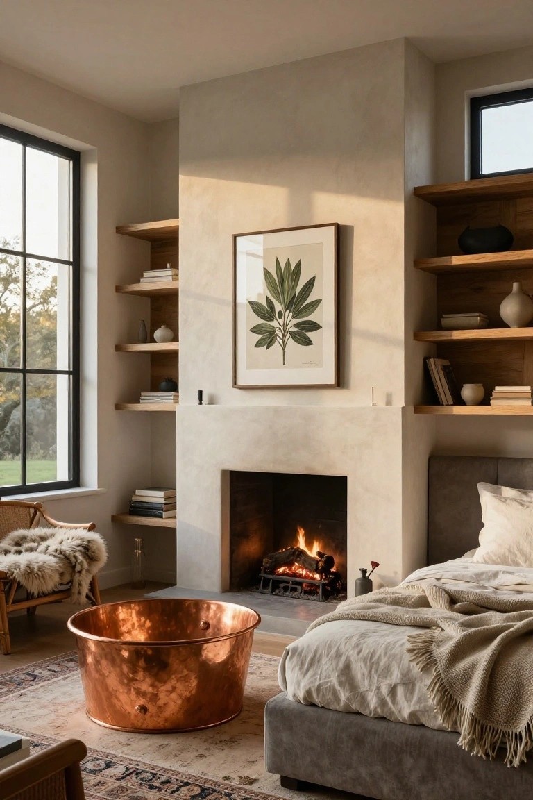 Bedroom with freestanding copper bathtub on rug near gray upholstered bed, plaster fireplace, floating wood shelves with books and ceramics, rattan chair with sheepskin throw, and large black-framed windows overlooking green landscape.