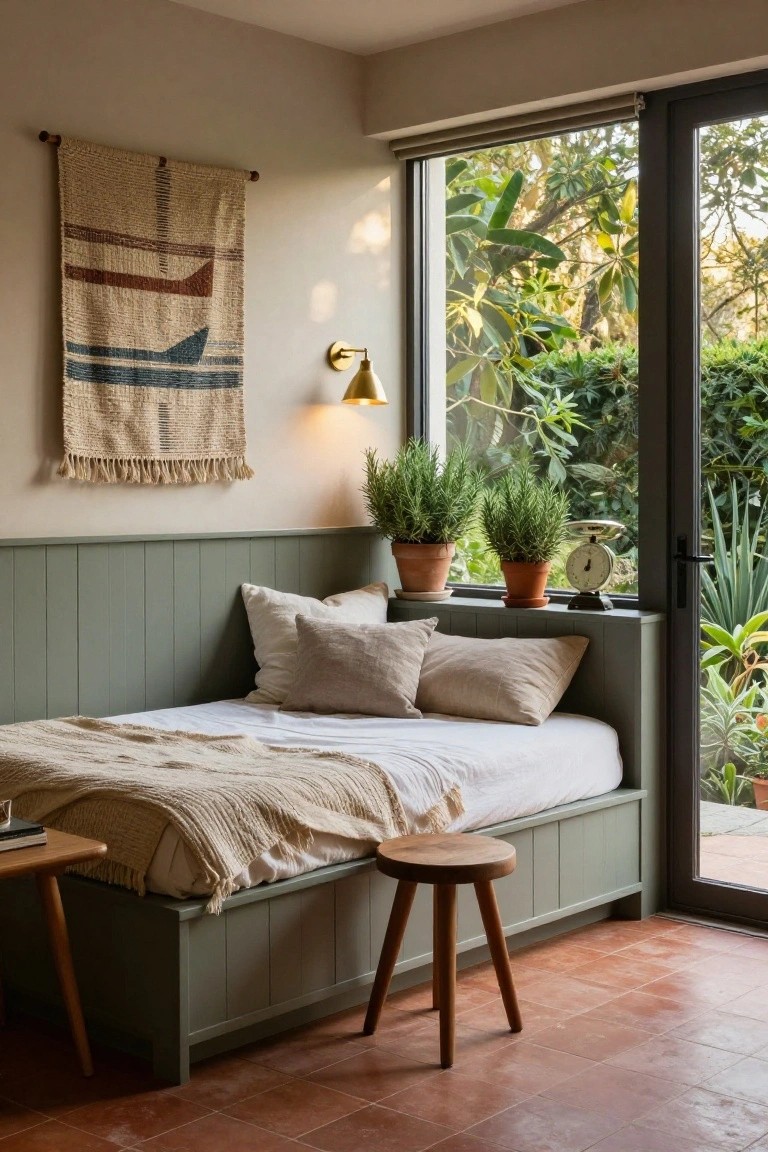 Bedroom corner with low built-in sage green daybed under large window to garden, white bedding and pillows, potted rosemary plants on sill, vintage scale, wooden stools, and woven tapestry on wall.