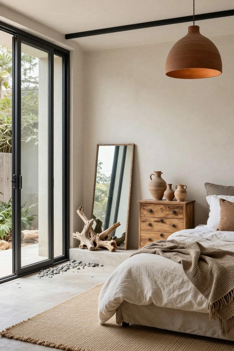 Bedroom with low-profile bed draped in white linens and tan throw, wooden dresser holding terracotta vases and pottery, tall leaning mirror, driftwood sculpture on base, black sliding glass doors to garden view, concrete floor with pebbles, seagrass rug, and terracotta pendant light overhead.