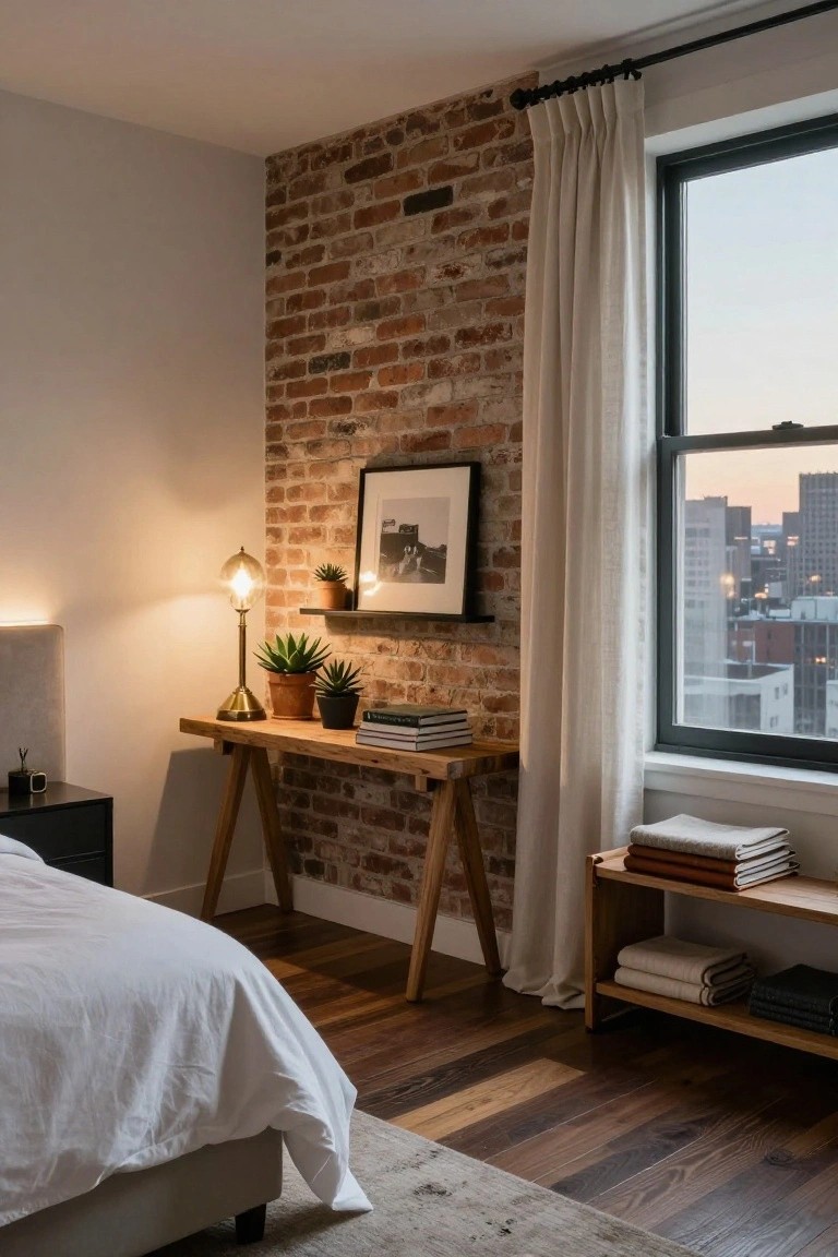 Bedroom corner with exposed brick accent wall, wooden trestle side table holding lamp plants and books, large window with white sheer curtains and city view at dusk, white bed, and wooden shelf with linens.