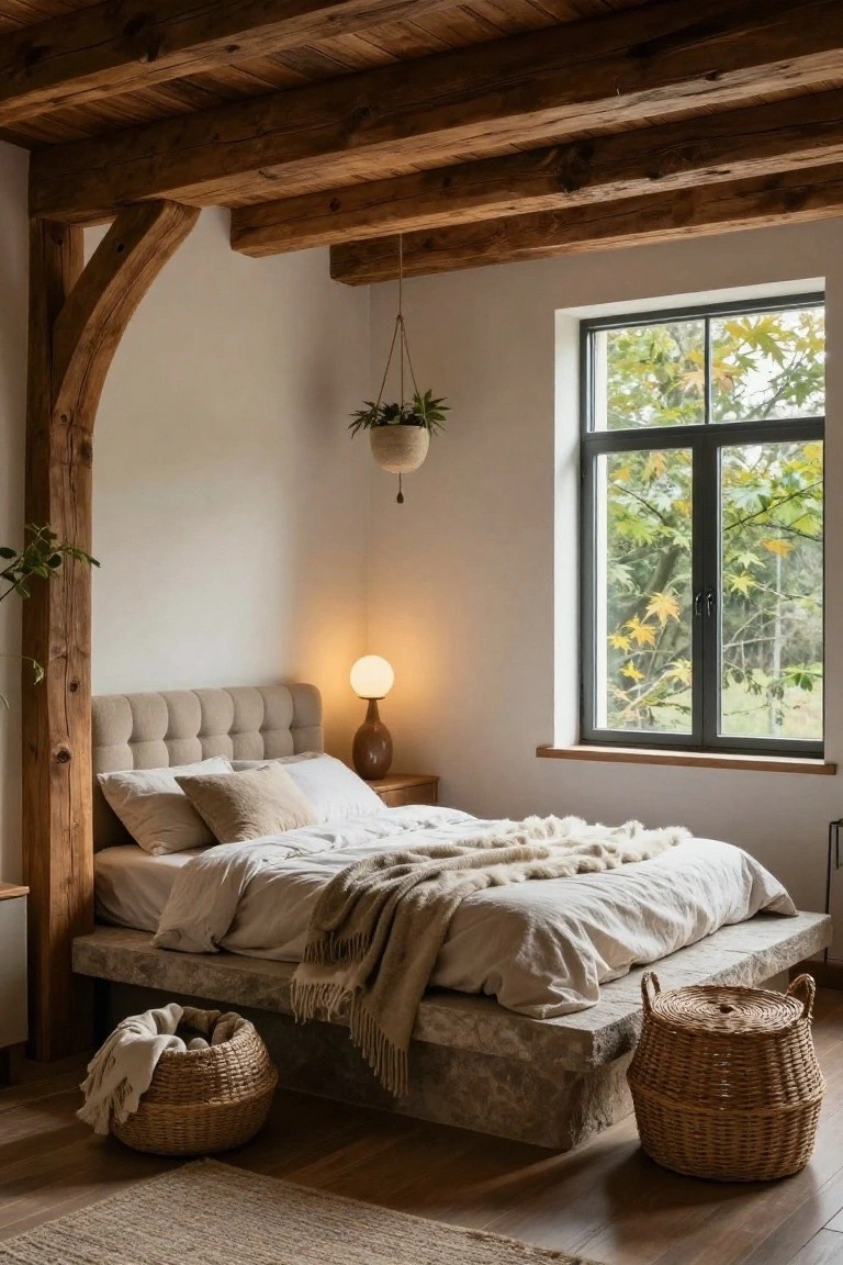 Bedroom with dark exposed wooden beams and arched posts, low beige platform bed on stone base with white linens and throws, large window showing autumn trees outside, hanging plant, bedside lamp, and wicker baskets on wood floor.