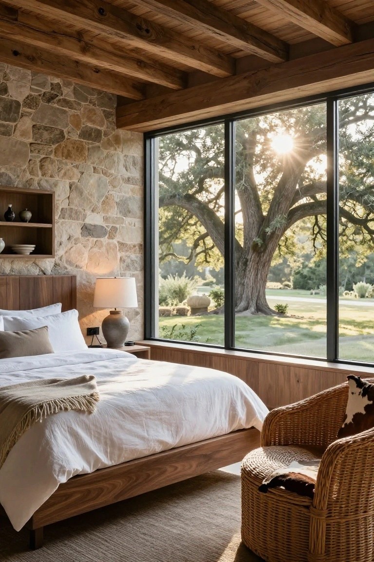 Rustic bedroom interior with exposed wooden beam ceiling, stone accent wall, wooden bed frame, bedside lamp, rattan chair with cowhide cushions, and large black-framed windows overlooking a large oak tree and green landscape.