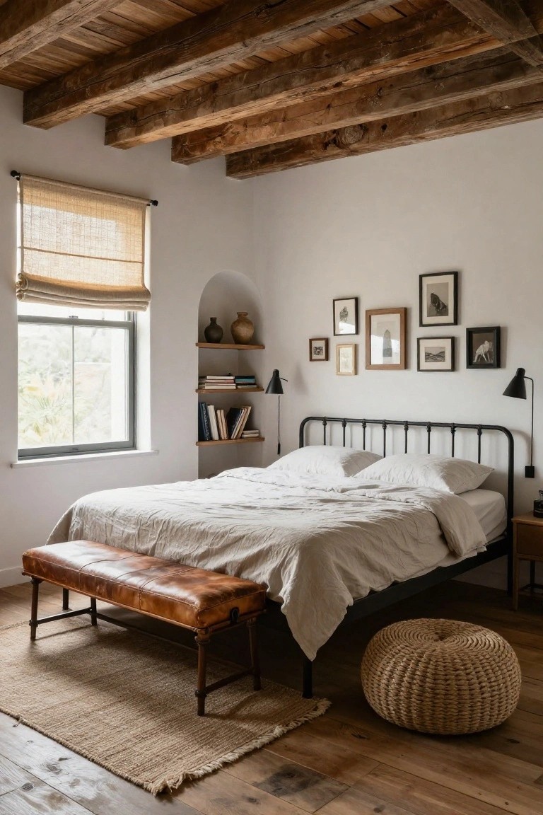 Bedroom with dark exposed wooden ceiling beams, white walls including an arched niche with shelves, black metal bed frame with white linens, leather bench at foot, seagrass pouf, and wood floors.