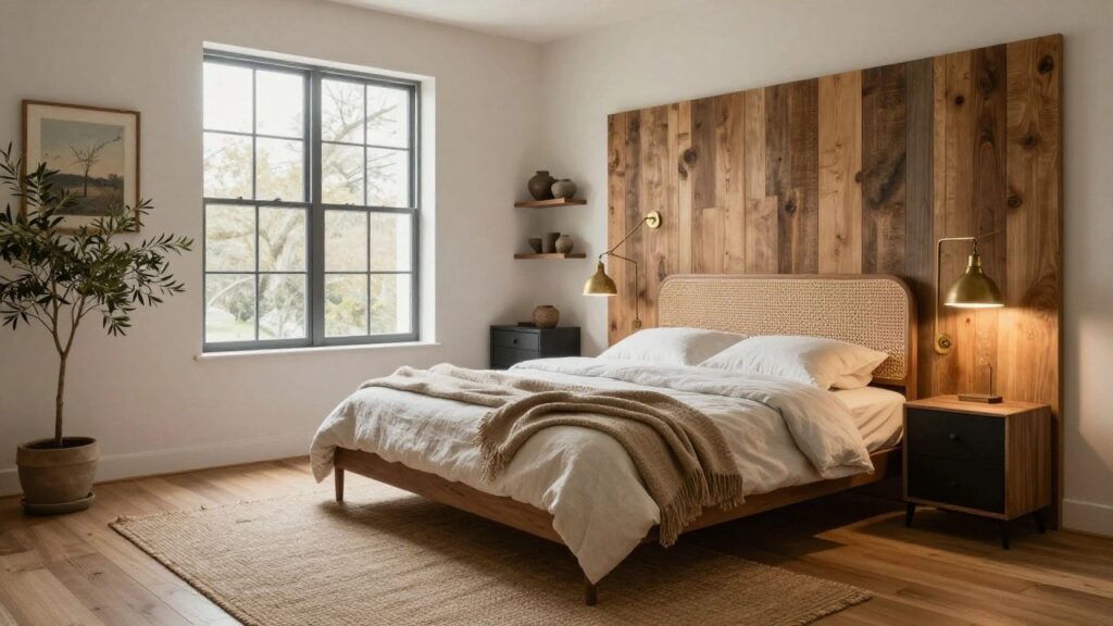 23 Modern Rustic Homes Bedroom Inspiration For A Collected Look Bedroom with a wooden platform bed featuring a beige rattan cane headboard, neutral linens and pillows, wooden slatted nightstand, black dresser, potted olive tree, floating shelf with pottery, brass wall sconces, and jute rug on wood floors.