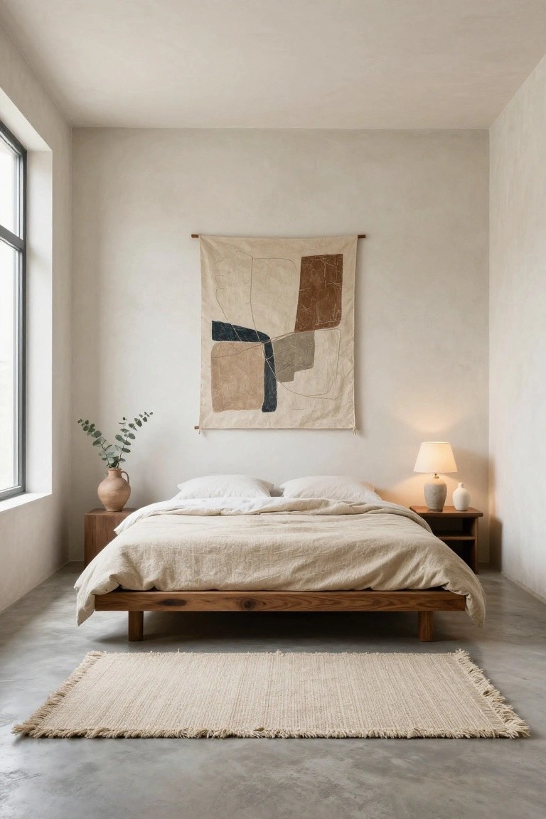 Minimalist bedroom with low wooden platform bed dressed in beige linens, wooden side tables holding lamps and a small vase, large abstract beige and brown tapestry on wall, eucalyptus branches in terracotta vase, concrete floor, and large window.