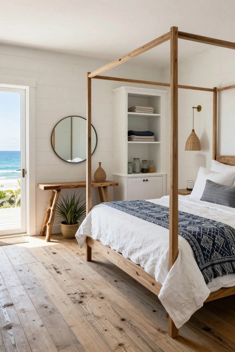 Bedroom interior with light wooden four-poster bed covered in white bedding and blue runner, wooden bench holding potted plant next to round mirror, white cabinet with shelves, rattan lamp, and open glass door showing ocean view over wood plank floors.