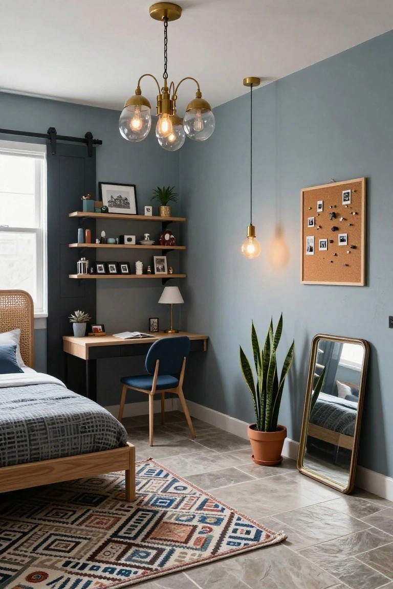 Bedroom interior with light blue-gray walls, wooden open shelves displaying plants, frames, ceramics and books next to a desk with blue chair, rattan headboard bed, snake plant in terracotta pot, brass mirror, and pendant lights.