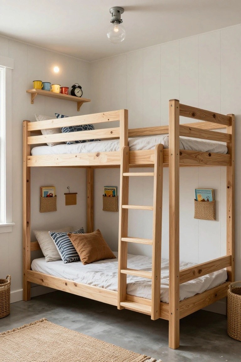 Wooden bunk bed in a white-walled bedroom with upper and lower mattresses, pillows, ladder on one side, woven pockets holding books on the frame, and floating shelves above with mugs and a clock.