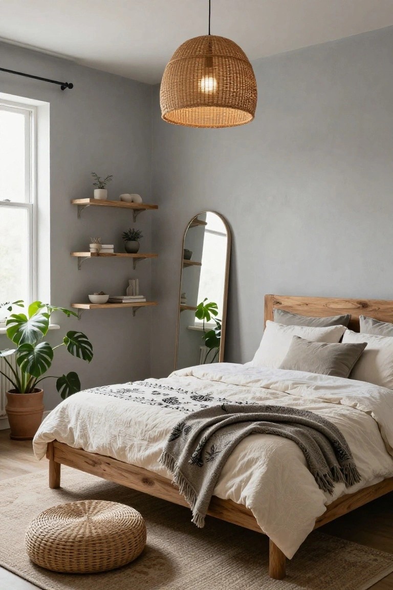Bedroom with light gray walls, wooden platform bed draped in white linens and gray throw, rattan pendant light overhead, floating wooden shelves holding plants and ceramics, two large monstera plants in terracotta pots, gold arched floor mirror, and rattan pouf on seagrass rug.