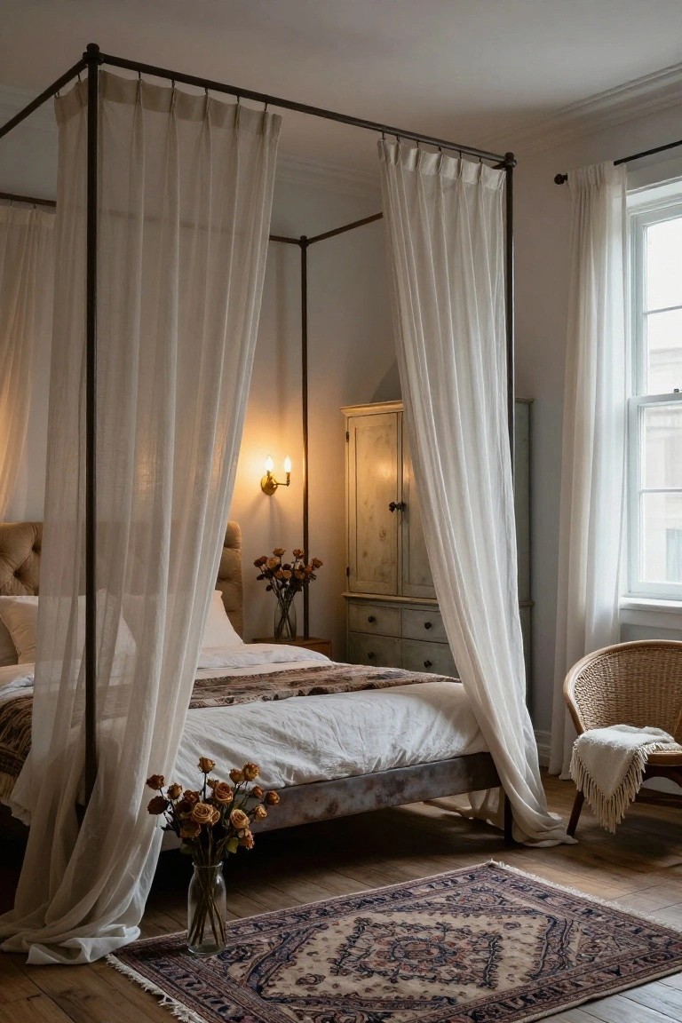 A bedroom with a black metal four-poster canopy bed draped in sheer white curtains, beige upholstered headboard and linens, dried roses in vases, antique white armoire, rattan chair, and Persian rug on wood floors.