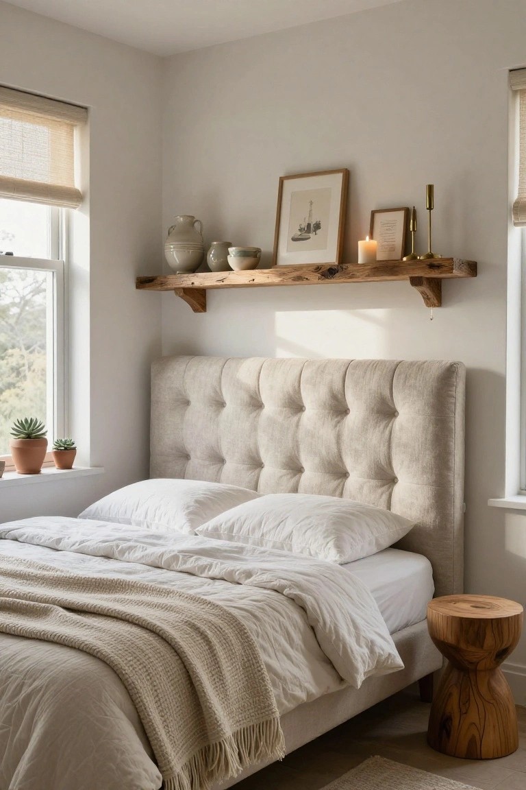 Bedroom with beige tufted upholstered headboard, white bedding and throw, rustic wooden floating shelf above displaying pottery, frames, and candle, windowsill plants, and wooden stool beside bed.