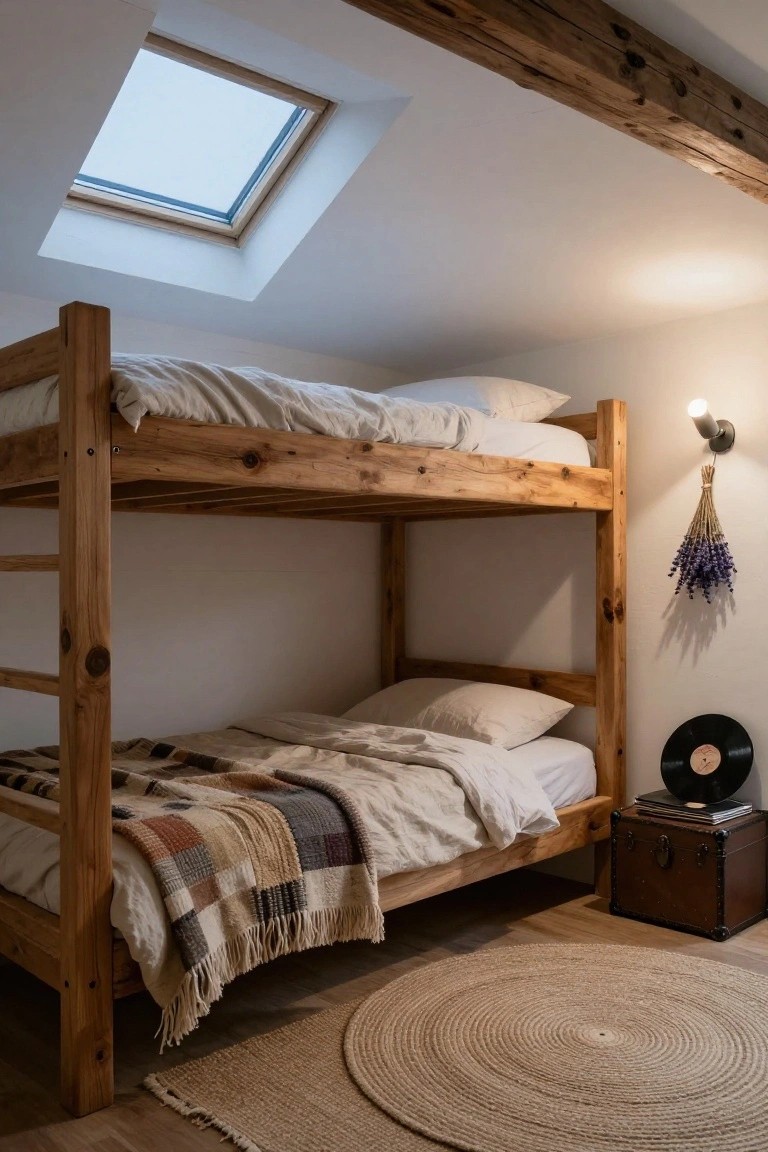 Wooden bunk bed with white linens on the top bunk and checkered wool blanket on the bottom bunk, positioned in a white-walled loft bedroom under a skylight, with a jute rug, lavender bundle, wall lamp, vinyl record, and vintage suitcase nearby.