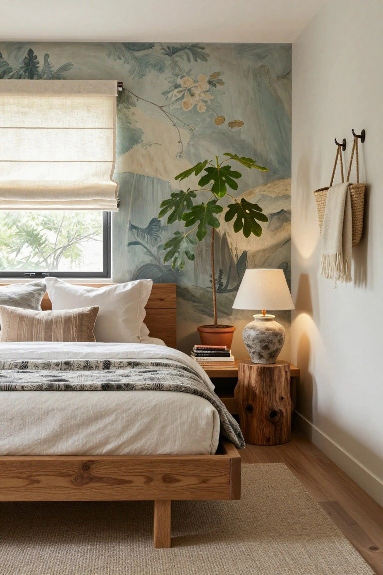 Bedroom interior with low wooden platform bed against blue-green scenic wallpaper of mountains, trees, and foliage, potted ficus tree in corner, ceramic lamp on tree-stump nightstand, and linen roman shade on window.