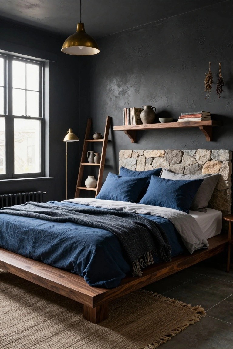 Bedroom with low wooden platform bed and navy blue linens against a rugged stone wall headboard, dark textured walls, wooden ladder shelf holding pottery, gold arched lamp, pendant light, and large window.