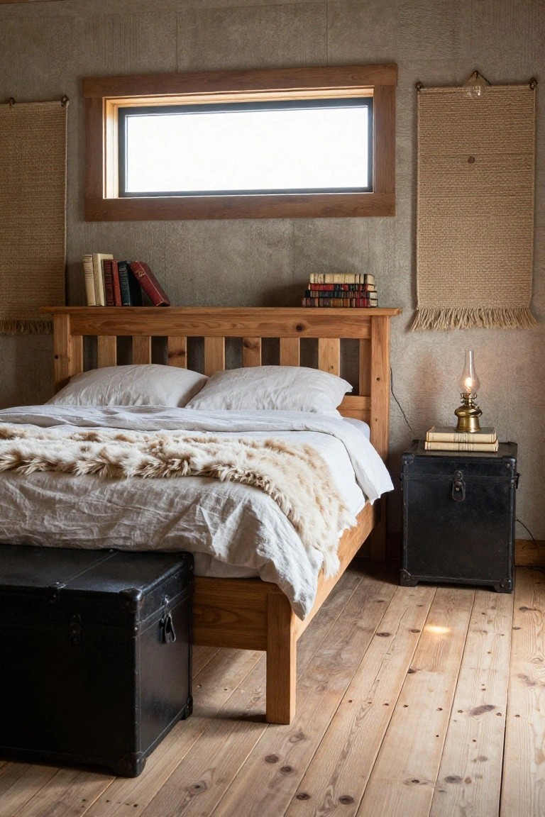 Bedroom with exposed concrete walls, wooden slat bed frame with white linens and fur throw, black metal trunk at foot, books on wooden shelves above headboard, oil lamp on matching bedside trunk, reed wall hangings, and narrow window.