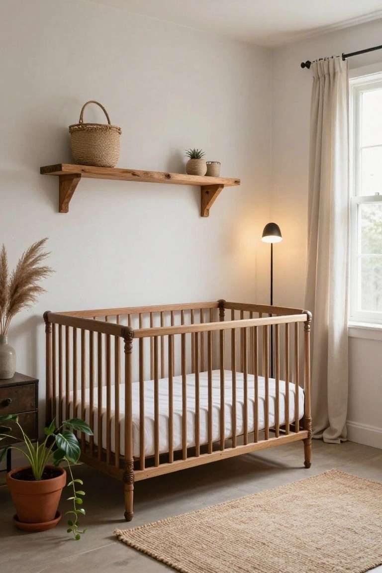 Nursery room with white walls and light wood floor featuring a wooden spindle crib with white mattress, potted monstera and other plants, wooden shelf holding woven basket and pots, black floor lamp, pampas grass, and beige seagrass rug.