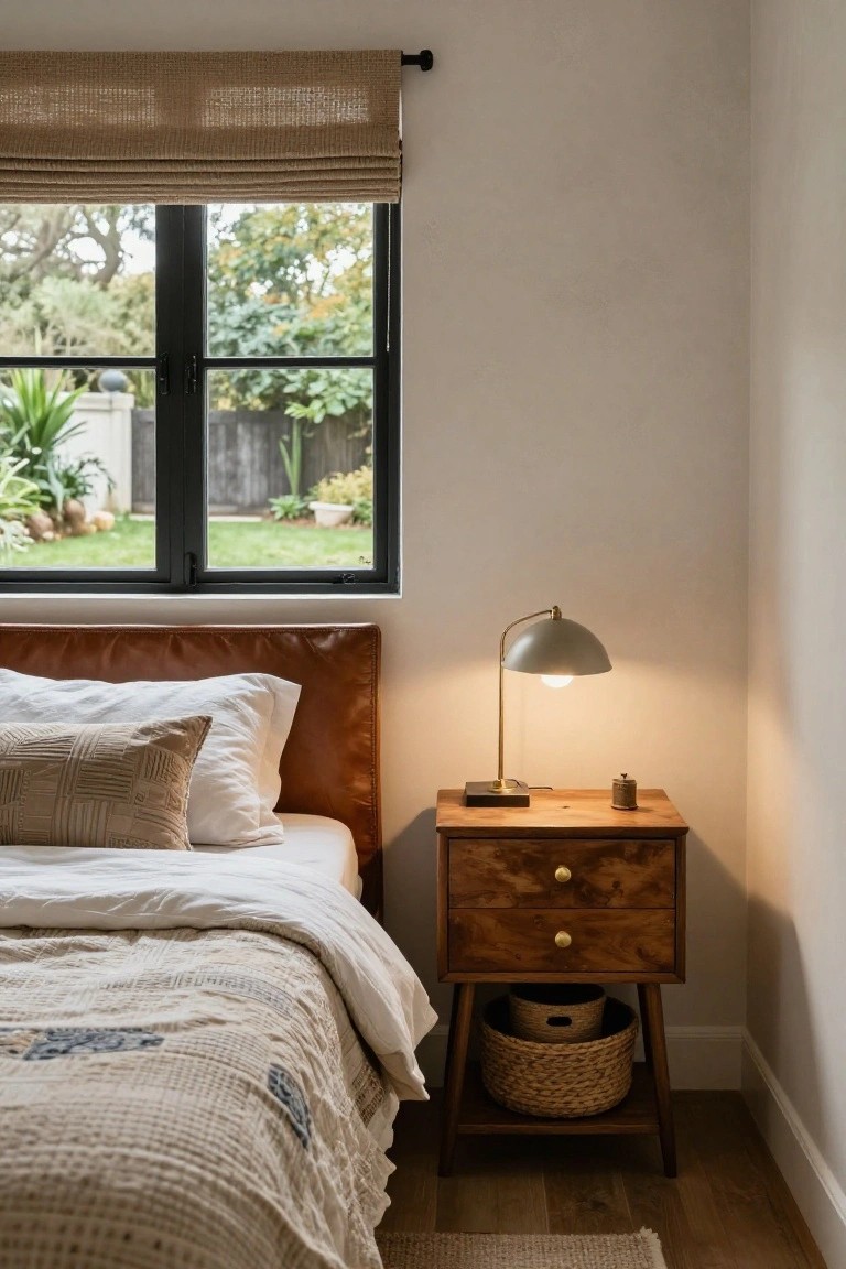 Bedroom corner with tan leather headboard bed, white sheets, textured quilt, wooden nightstand holding brass arched lamp and small jar, two woven baskets stacked underneath, large black-framed window showing garden view.