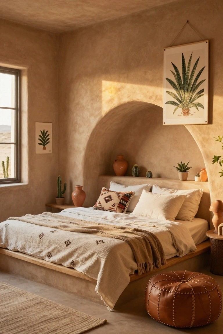 Beige textured bedroom with low wooden platform bed covered in white linens and woven blankets, arched wall niche above bed holding terracotta pots and succulents, cacti on shelves, ottoman pouf, and window showing desert view.