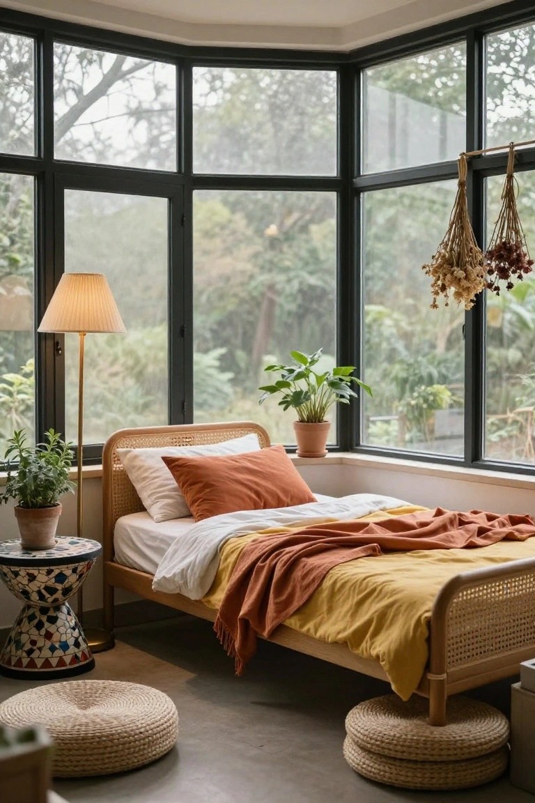 Corner bedroom nook with rattan bed, white and orange bedding, potted plants, brass lamp, tiled side table, and woven poufs next to large black-framed windows showing outdoor greenery.