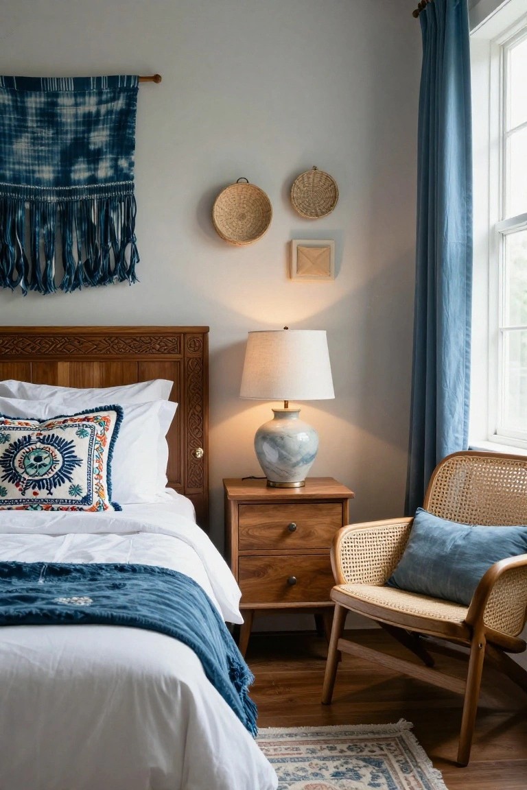 Bedroom corner with intricately carved wooden headboard and nightstand, indigo-dyed fringed wall tapestry, porcelain table lamp, rattan armchair with blue pillow, white bed dressed with blue throw, blue curtains at window, woven wall baskets, and Persian rug on wood floor.