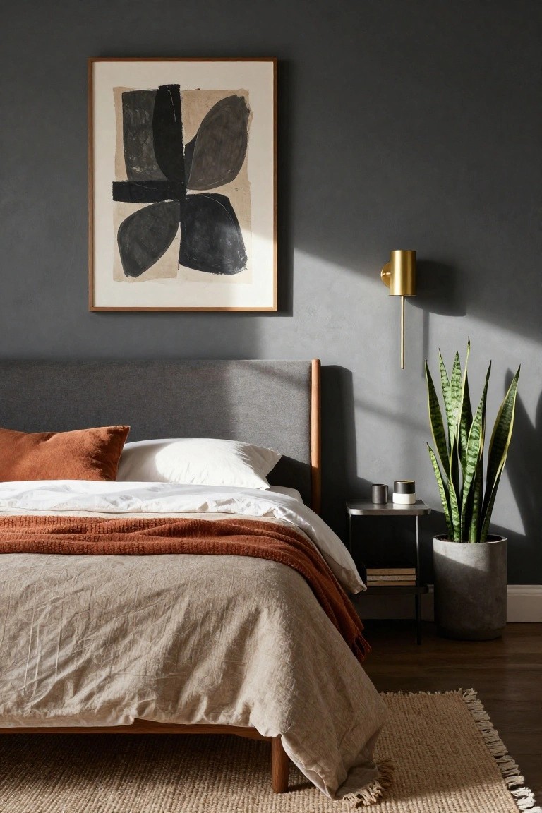 Bedroom interior with dark gray textured walls, large abstract black and beige artwork in wooden frame, wooden bed frame with gray upholstered headboard, beige linen bedding with rust orange pillows and throw, gold wall sconce, snake plant in gray pot next to metal bedside table with white mug, seagrass rug on wood floor.