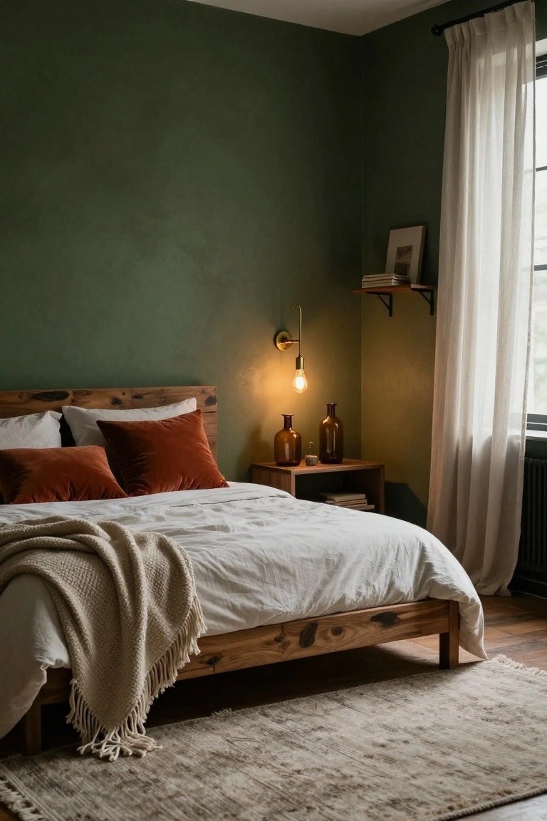 Bedroom interior with deep green walls, wooden bed frame with white bedding and rust pillows, nightstand holding amber glass bottles and books, wall lamp, shelves, and beige rug on wood floor.