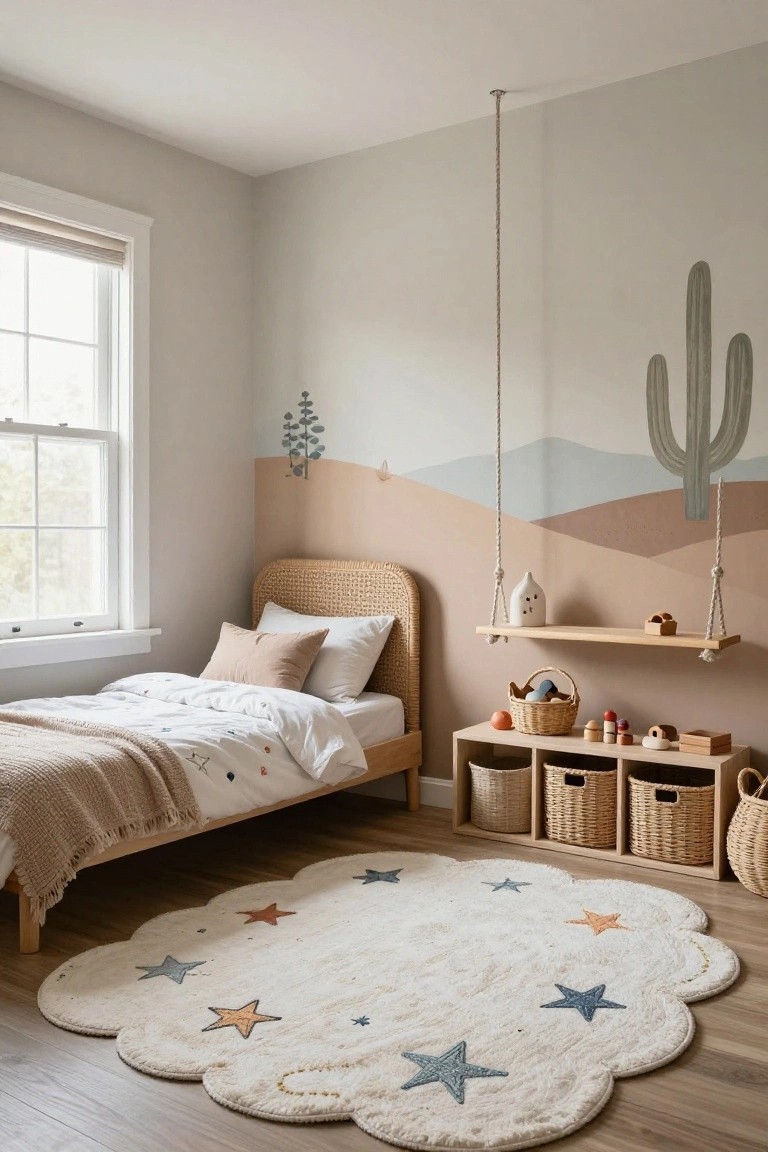 Child's bedroom with beige rattan bed, white cloud-shaped rug with embroidered stars, wooden floating shelves holding toys and baskets, and a wall mural depicting gray-green cacti, eucalyptus trees, and terraced hills in soft earth tones.