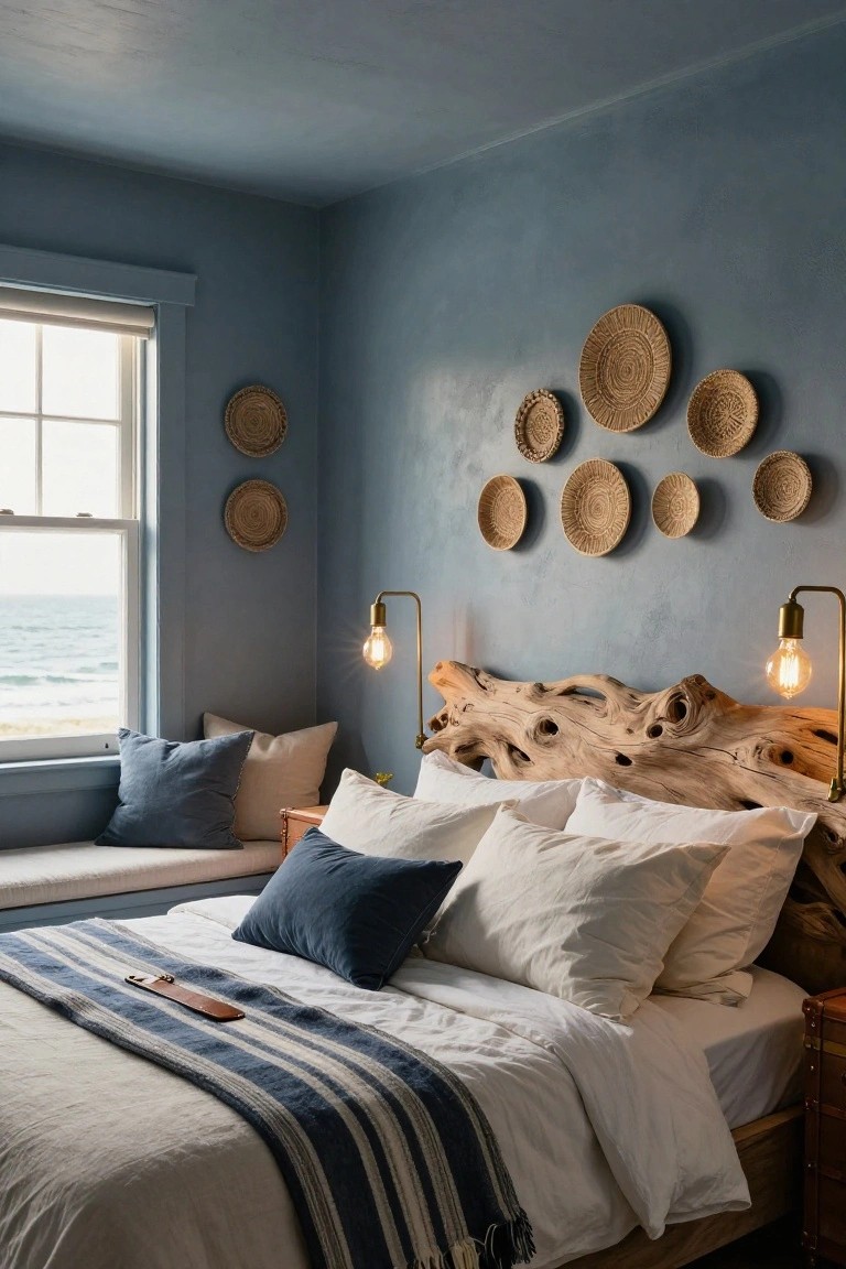 Bedroom with soft blue plaster walls, large irregular driftwood headboard, white bedding topped with navy striped throw and leather belt, collection of woven baskets on wall, brass arched lamps, window seat, and ocean view through window.