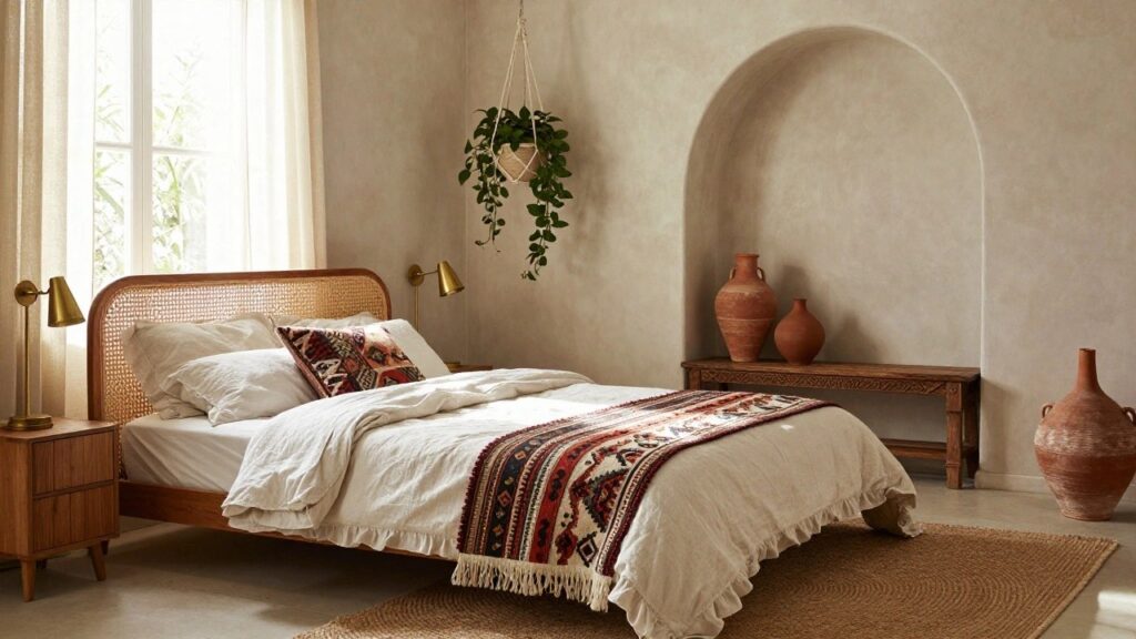 Bedroom with arched rattan headboard, white linen bedding draped with multicolored woven runner, wooden nightstand holding potted plant, seagrass bench, terracotta pots in wall niche, and large window with sheer curtains.
