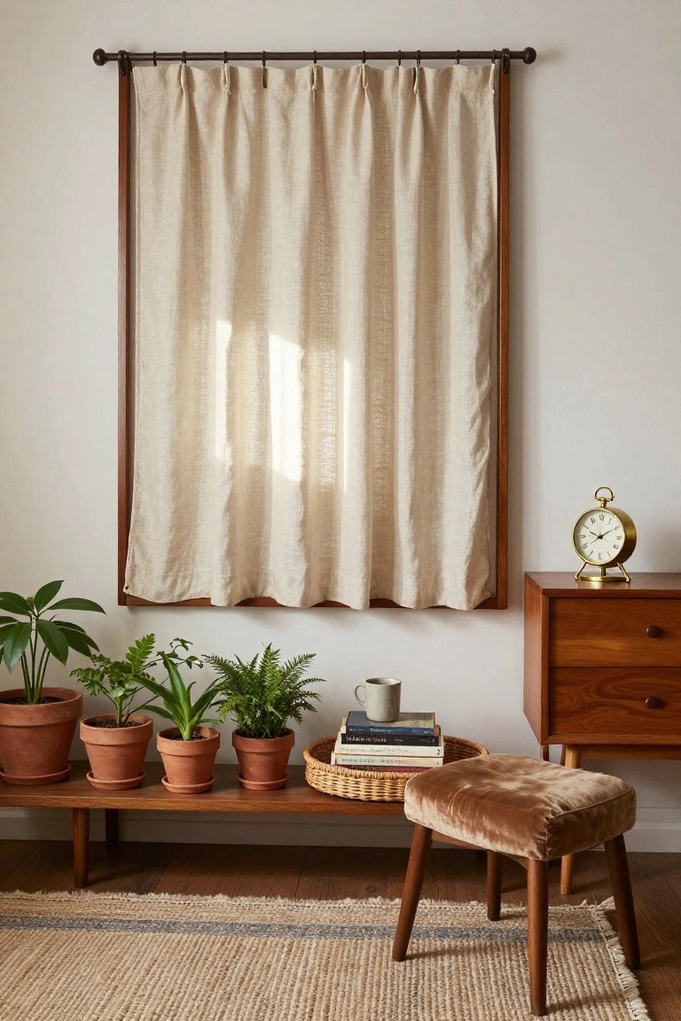 Tall window with beige pleated linen curtains inside a wooden frame, wooden bench holding several potted plants below, brown velvet stool nearby, wooden side table with gold clock and stacked books, beige rug on wood floor