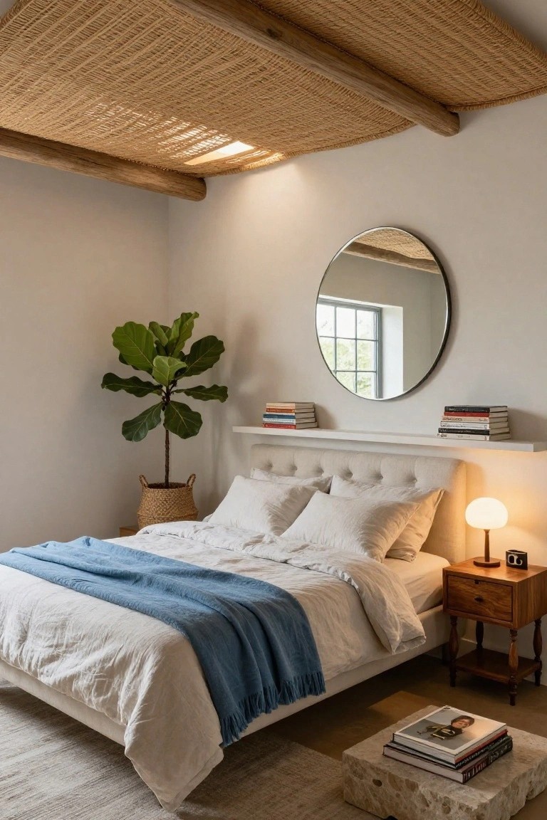 Bedroom interior featuring a woven reed ceiling on wooden beams, white walls, a round mirror above floating shelves with books, king bed with white linens and blue throw blanket, fiddle leaf fig plant in seagrass basket, wooden nightstand with lamp, and low concrete stool with stacked books.