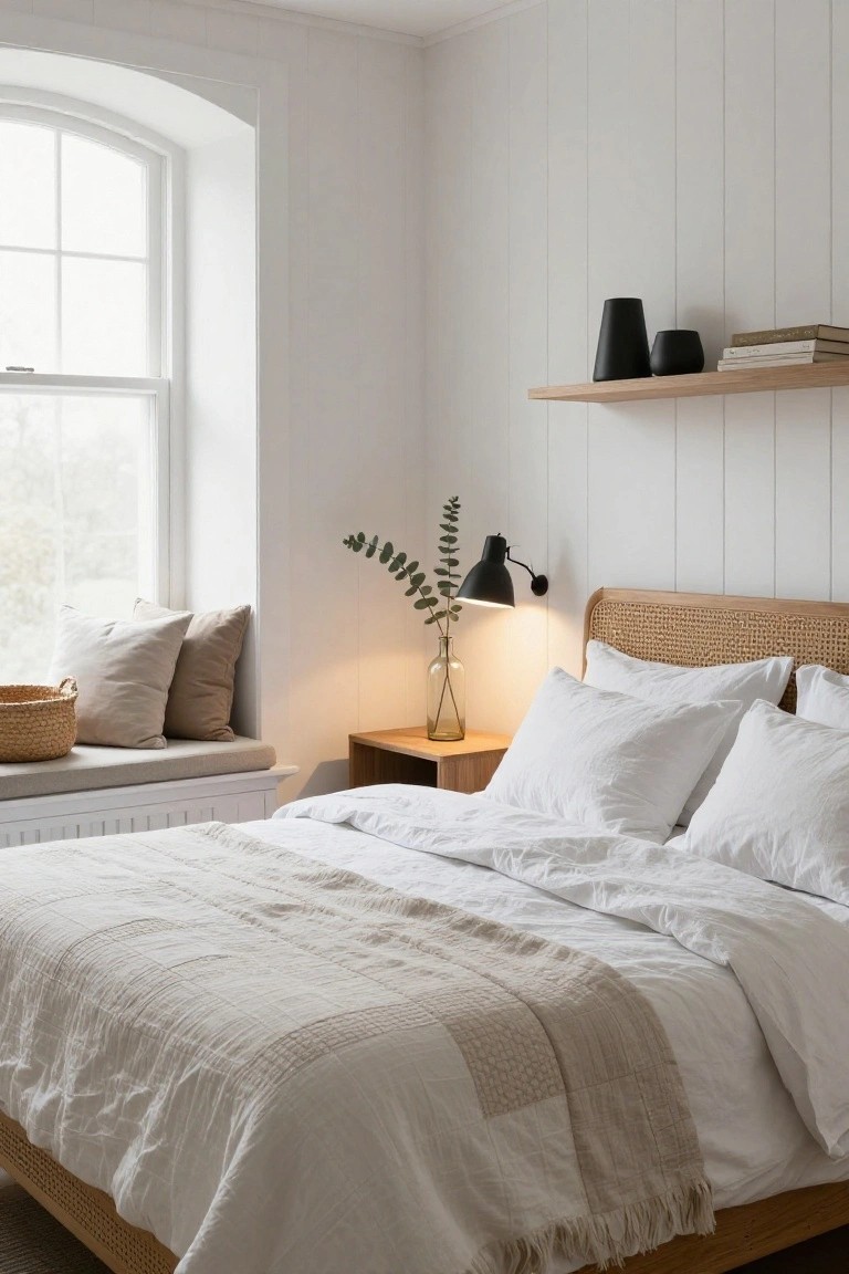 Bedroom with white vertical paneled walls, arched window and cushioned window seat, rattan bed frame with white and beige linens, oak nightstand with glass vase of eucalyptus and black wall lamp, floating oak shelf holding black ceramics and books.