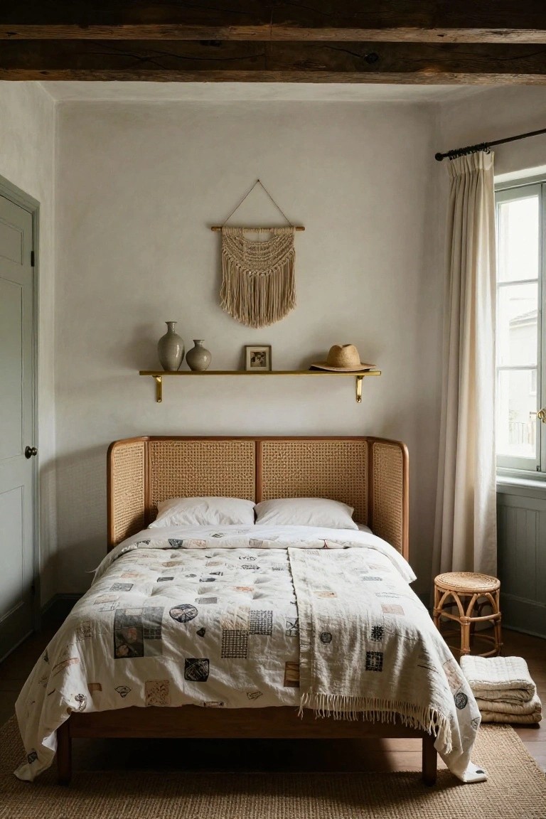 Bedroom with curved rattan headboard bed draped in neutral quilted bedding, gold wall shelf holding gray vases, small framed photo, and straw hat, macrame wall hanging above, cream curtains on window, and wood beam ceiling.