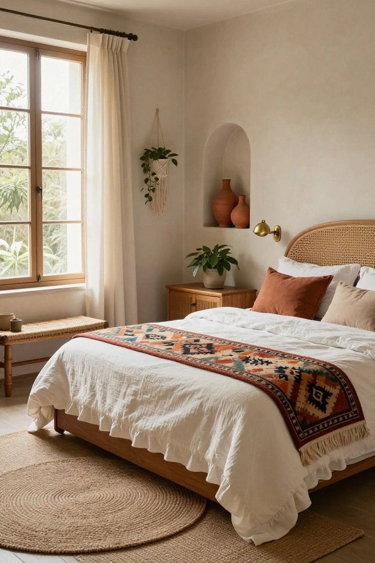 Bedroom with arched rattan headboard, white linen bedding draped with multicolored woven runner, wooden nightstand holding potted plant, seagrass bench, terracotta pots in wall niche, and large window with sheer curtains.