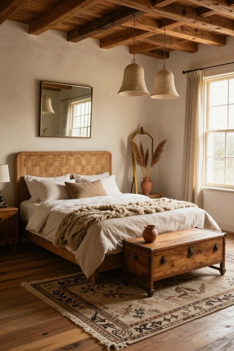 Bedroom with exposed dark wooden ceiling beams, light beige plaster walls, wicker headboard on a bed with white sheets fur throw and pillows, wooden nightstand and trunk, pampas grass in gold frame mirror, seagrass pendant lights, and patterned rug on wood floors.