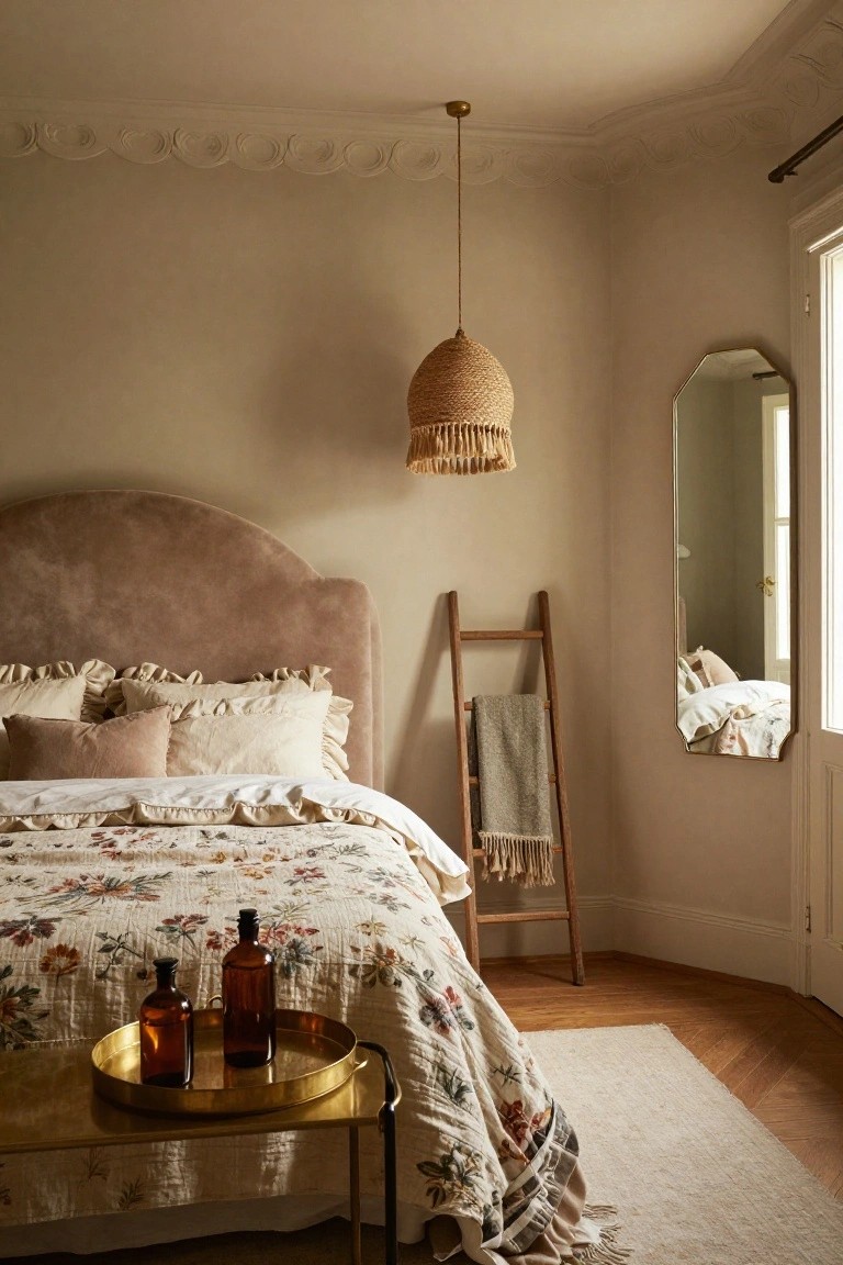 Bedroom corner with curved blush upholstered headboard, ruffled white and pink pillows, floral print quilt on bed, brass tray table holding brown glass bottles, wooden ladder draped with gray blanket, fringed rattan pendant light, and gold arched mirror next to open French doors.