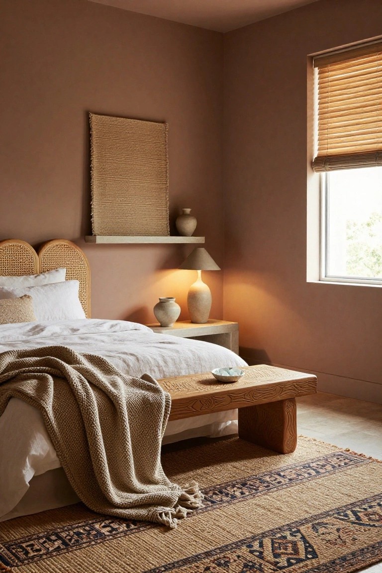 Bedroom interior with terracotta walls, rattan headboard bed dressed in white linens and beige throw, wood nightstand holding lamp and ceramic vases, carved wood bench at bed foot, and woven rug on floor.