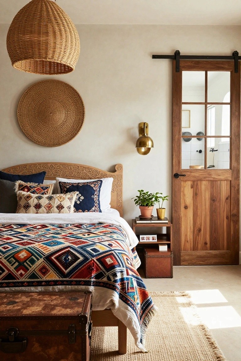 Bedroom interior with beige walls, carved wooden headboard, bed topped with colorful geometric quilt and mixed pillows, large woven baskets on wall, hanging rattan lamp, brass wall sconce, wooden sliding barn door to bathroom, potted plants on nightstand, and trunk at bed foot.