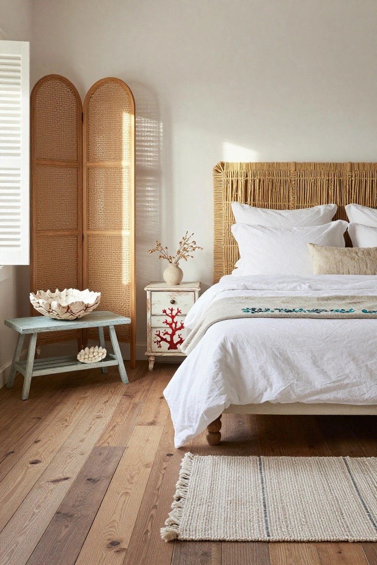 Bedroom corner with tall woven rattan headboard behind white pillows and duvet on a low wood bed frame, flanked by folding bamboo screens, a small painted side table holding a shell bowl and coral motifs, and light hardwood floors with a striped woven rug.