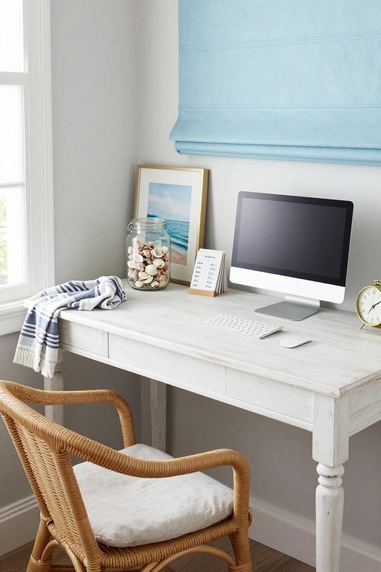 White wooden desk in room corner with iMac monitor, wireless keyboard and mouse, gold clock, jar of seashells, notepad stand, beach painting in gold frame, blue roman shade on window, blue and white towel draped over edge, and rattan armchair with beige cushion.