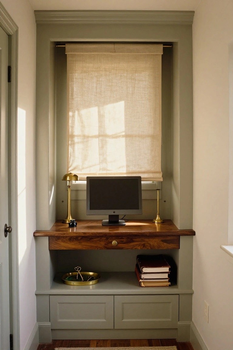 Built-in desk with dark wood top and sage green cabinets in a narrow window alcove, topped with a black computer monitor flanked by two brass lamps, a beige linen window shade above, and storage for books and brass accessories below.